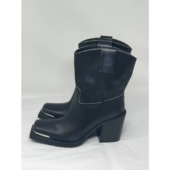 MIU MIU women's tronchetti calfskin western booties in black - Picture 4 of 4